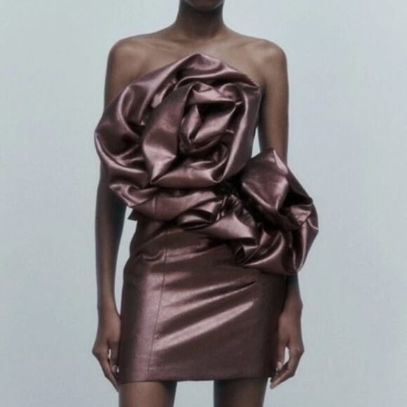 Zara Dresses & Skirts - Zara Brown Bronze Strapless Lace Up Voluminous Flower Mini Dress Small Y2K Style
